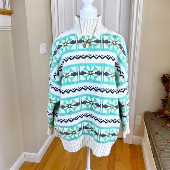 American Eagle Sweater Mock Neck Fair Isle Ski Oversized in White Aqua 2022 (S) - Picture 1 of 8